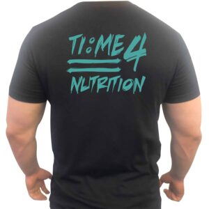 Time 4 Nutrition grafiti style black t-shirt with blue text back view