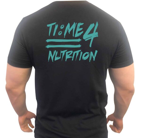 Time 4 Nutrition grafiti style black t-shirt with blue text back view