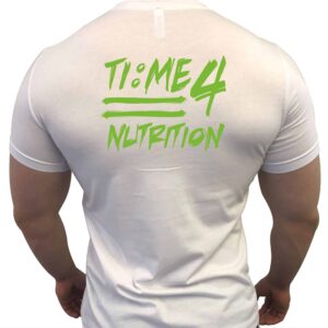 Time 4 Nutrition grafiti style white t-shirt with green text back view