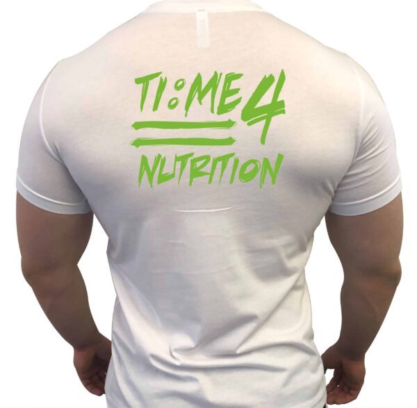 Time 4 Nutrition grafiti style white t-shirt with green text back view