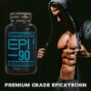 man in a hoodie flexing his abs next to a pot of Epicatechin supplements