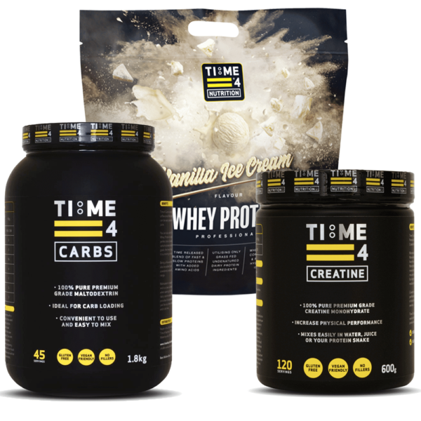 Time 4 Nutrition mass gain stack includes whey protein professional creatine and carbs